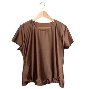 Tahari Brown Women's Top - Short Sleeve Satin Blouse, Size M (US 10)